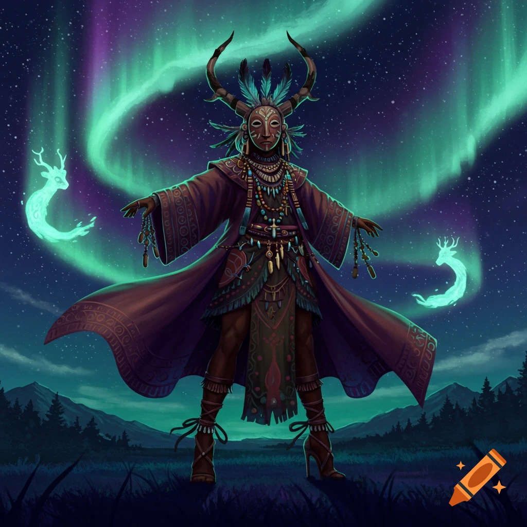 A masked shamanic figure with antlers and ornate robes stands under a vibrant aurora borealis, surrounded by glowing spirit deer.