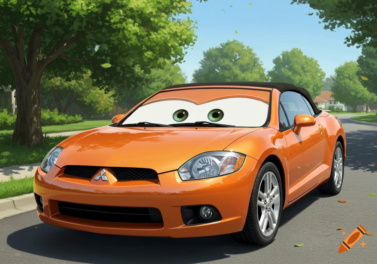Orange animated convertible car with green eyes on the windshield, parked on a sunny residential street.