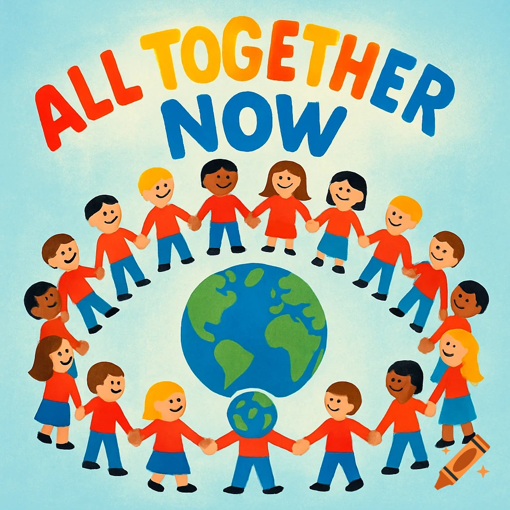 Stylized illustration of diverse children holding hands around a globe with the text 'ALL TOGETHER NOW' above.