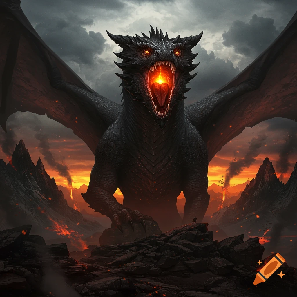 A massive black dragon with glowing red eyes and an open mouth full of ...