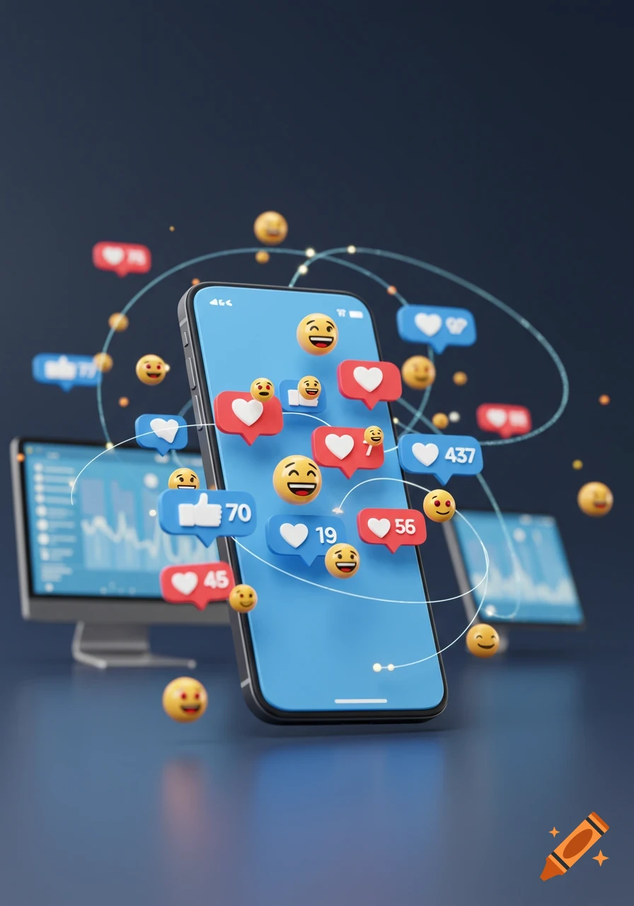 A 3D rendered smartphone with a blue screen is surrounded by various social media emojis and notification bubbles, set against a dark background with blurred computer monitors displaying graphs.