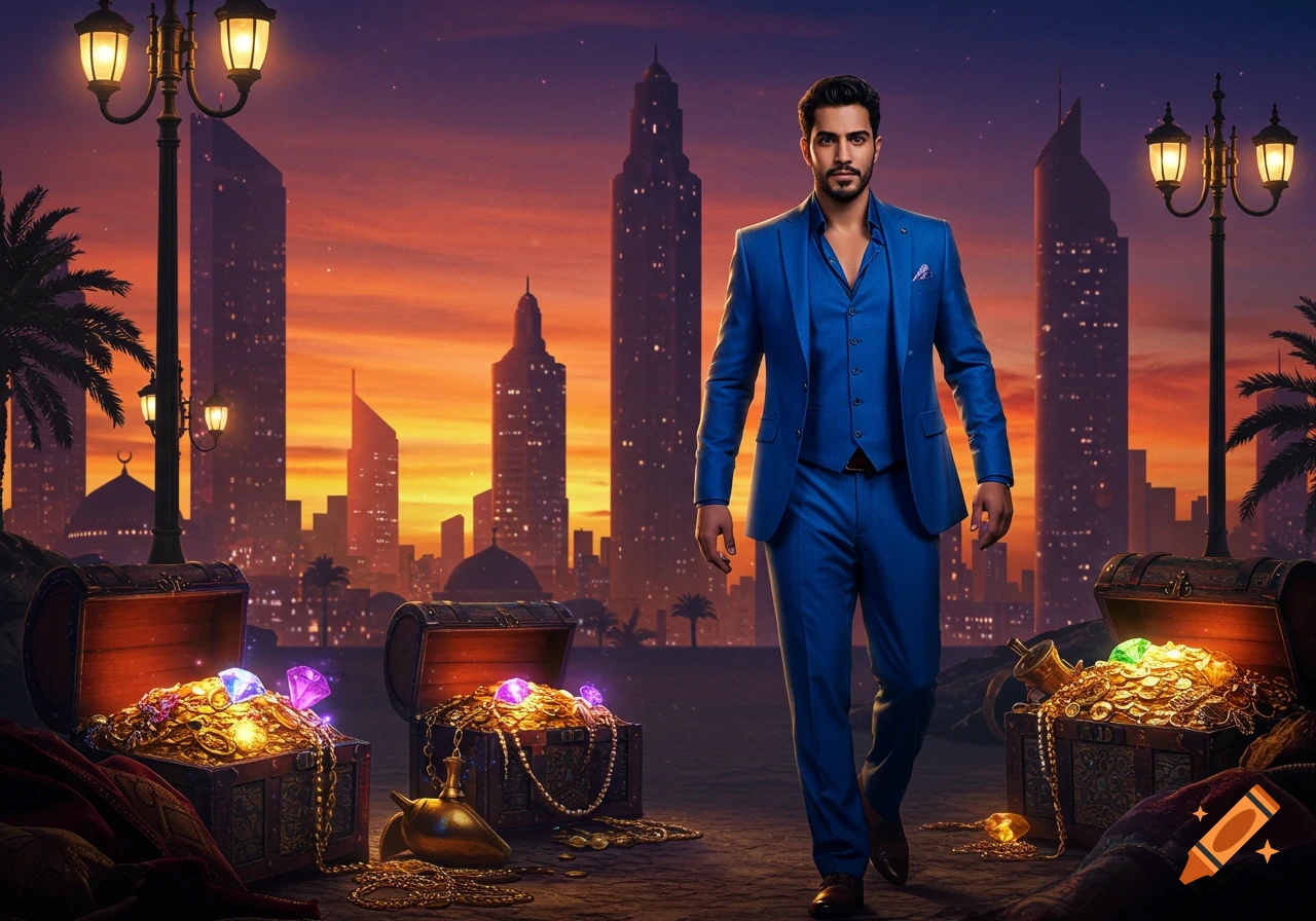 A man in a blue suit walks in front of a vibrant sunset cityscape with open treasure chests filled with gold and jewels.