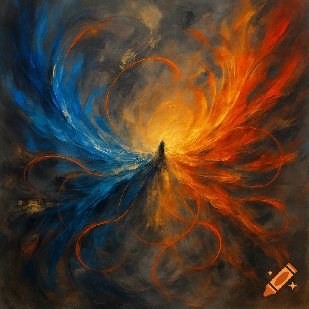 Abstract painting of a central dark figure with swirling blue on the left and orange-red on the right, meeting at a golden center.