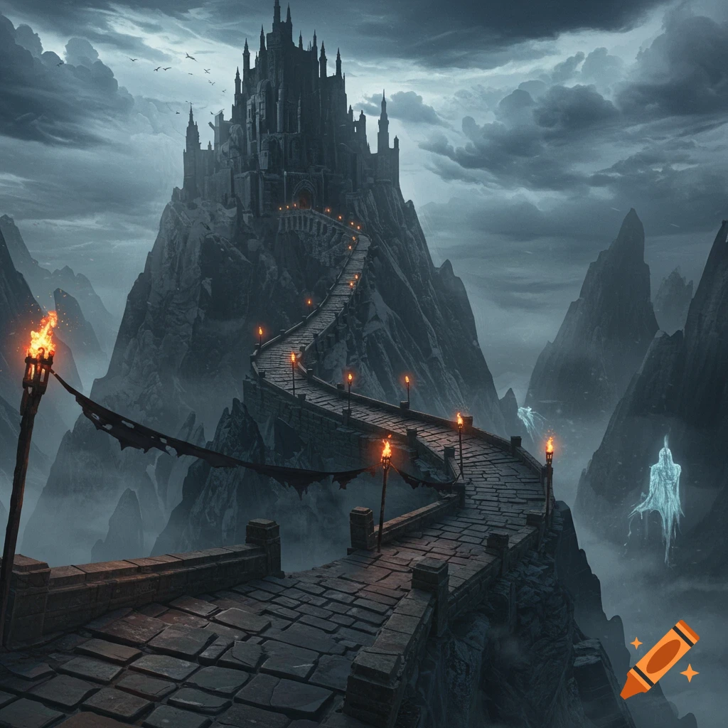 A dark gothic castle on a rugged mountain, connected by a winding, torch-lit stone path under a stormy sky, with ghostly figures in the mist.
