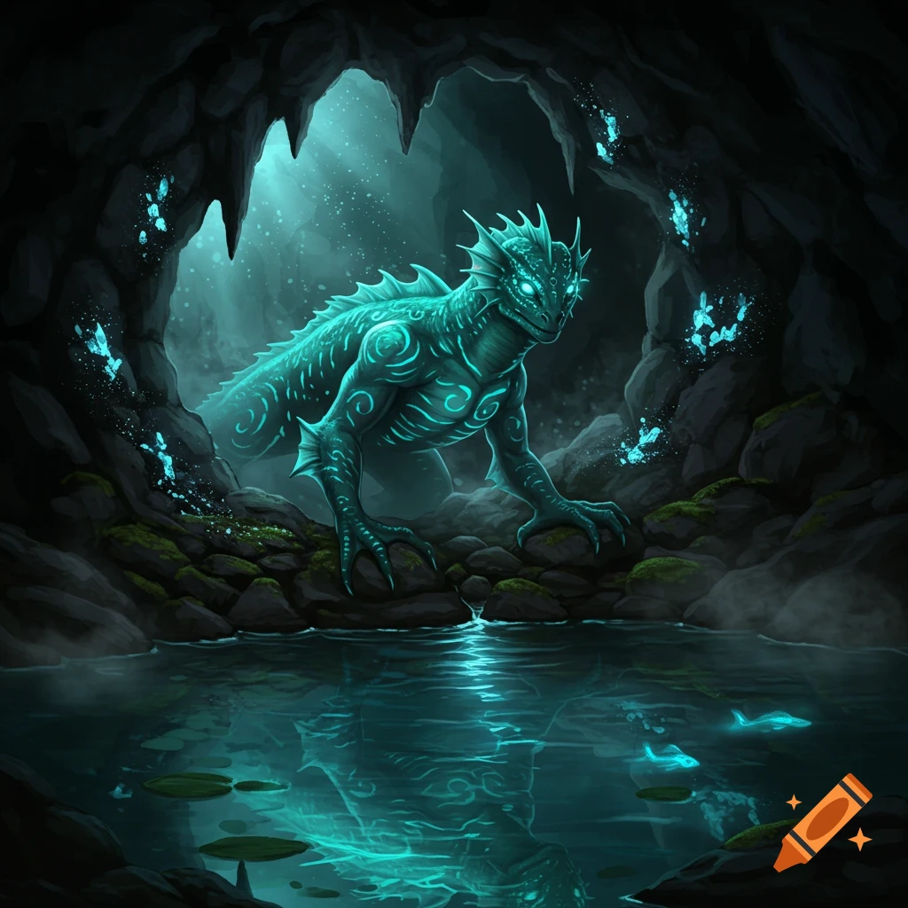 A glowing teal amphibious fantasy creature with intricate patterns stands by a reflective pool in a dark, mystical cave illuminated by ethereal blue light and glowing elements.