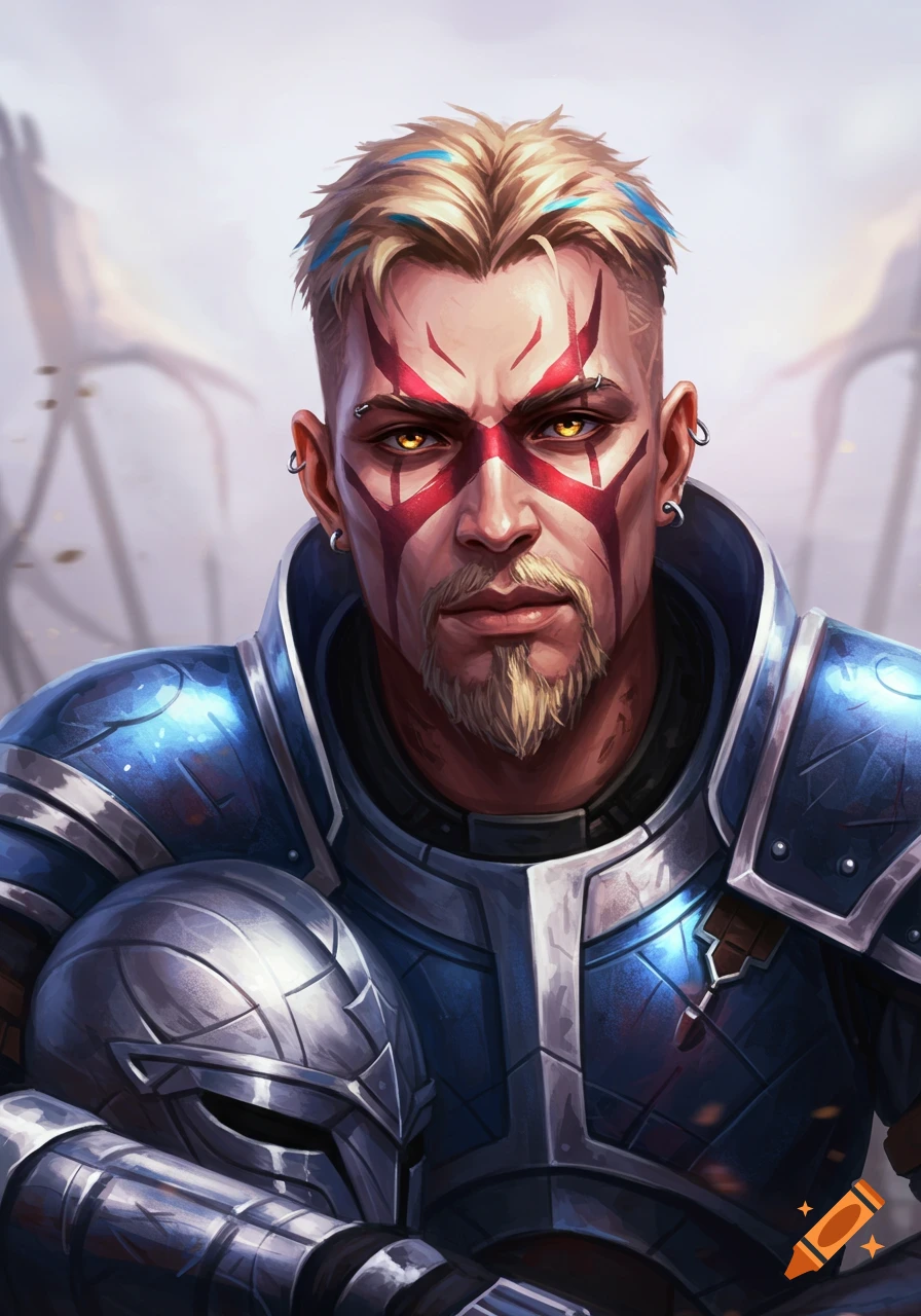 Close-up of a male warrior in blue and silver armor, holding a helmet. He has blonde hair with blue tips, golden eyes, red face paint, and a blonde goatee.