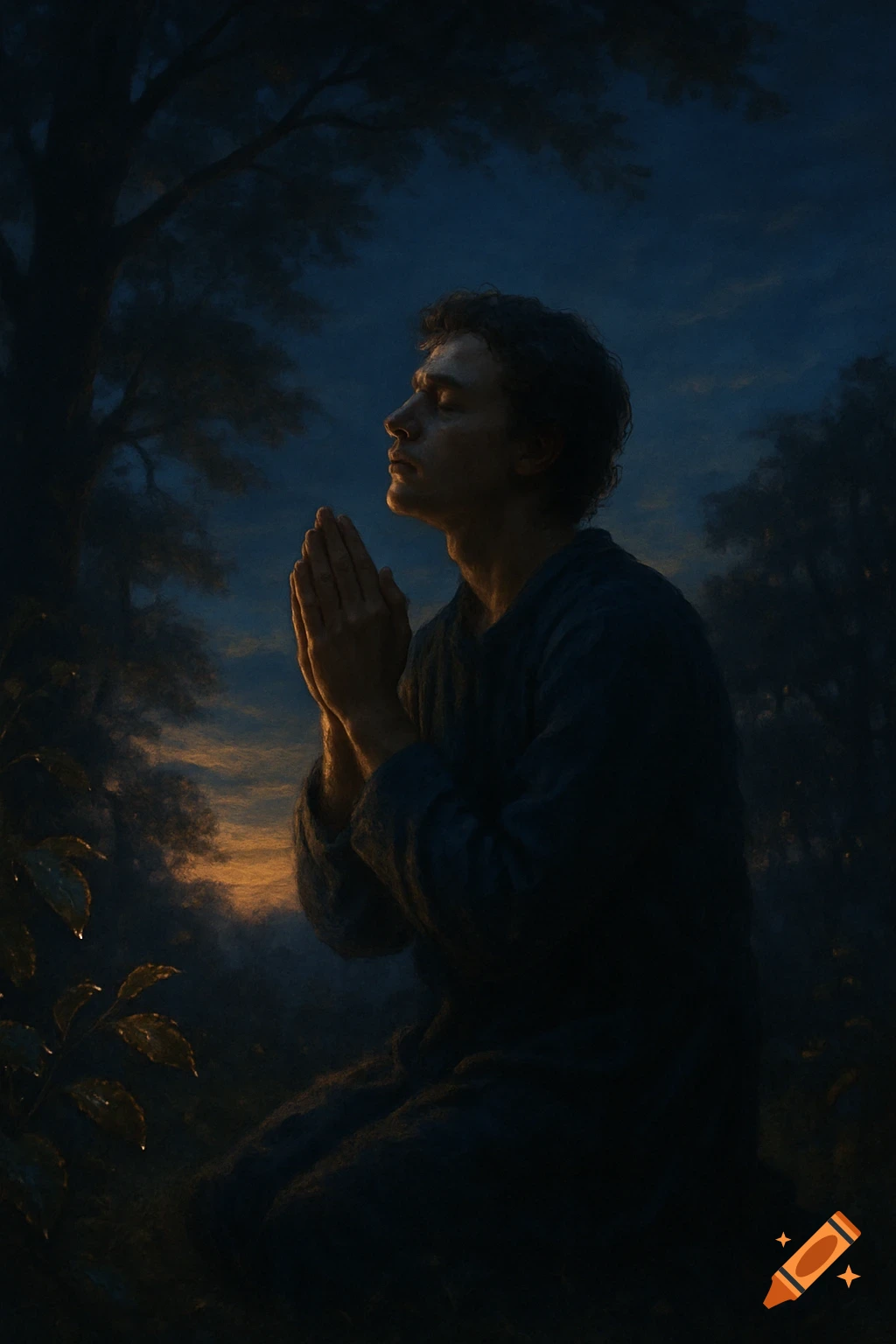 A man with closed eyes and clasped hands prays in a dark, atmospheric natural setting, illuminated by a warm light.