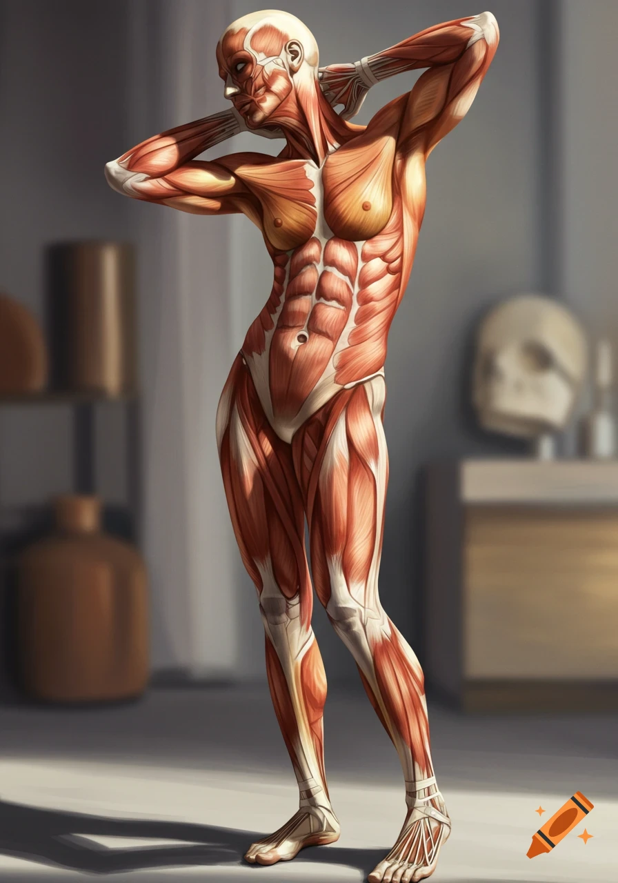 Detailed anatomical rendering of a standing human figure, exposing the muscles and skeletal structure.