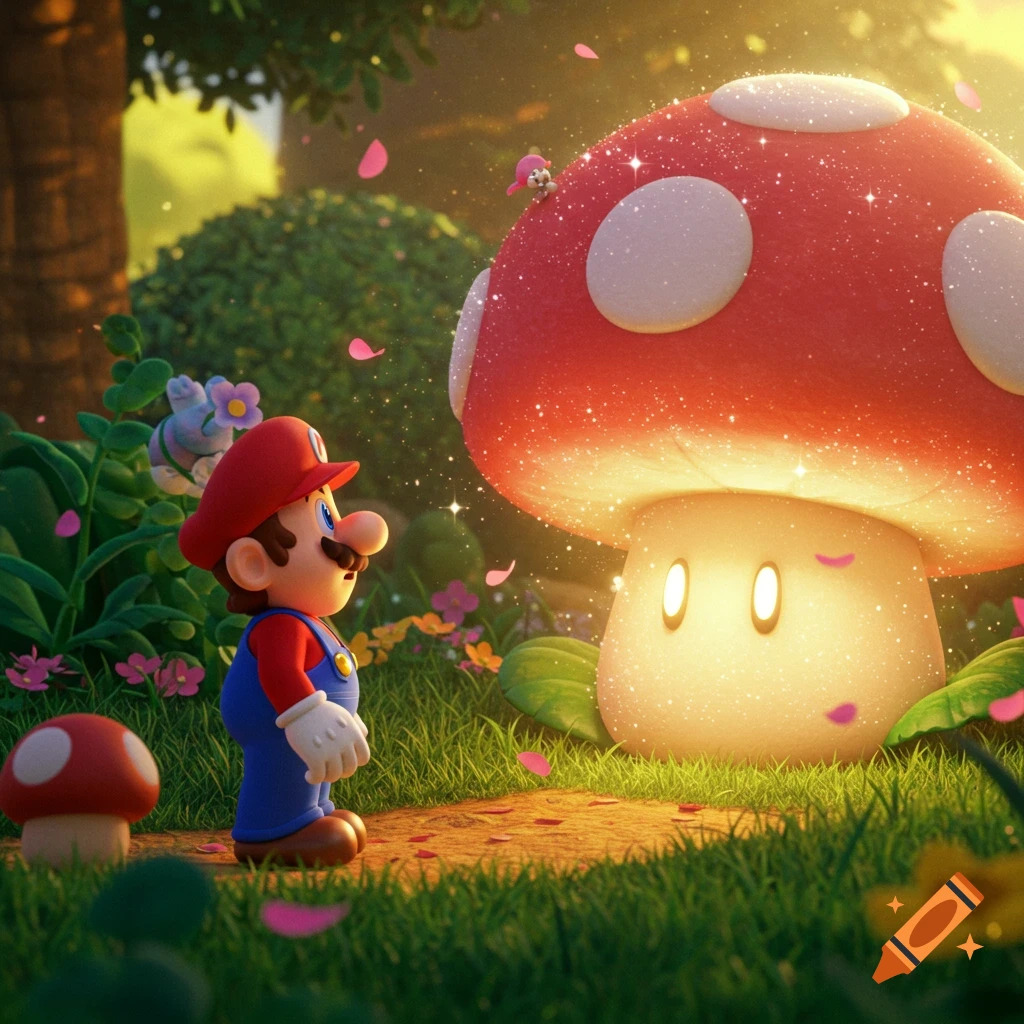 Mario in a forest gazes at a large, glowing, sparkly mushroom with a face. Pink petals fall around them in a stylized scene.