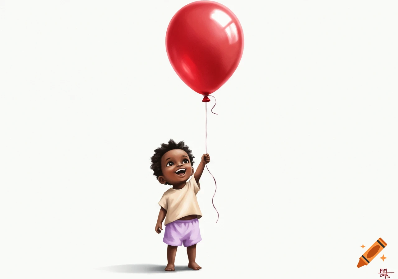 A cute, dark-skinned baby with curly hair, wearing a beige shirt and purple shorts, happily holds a red balloon on a white background.