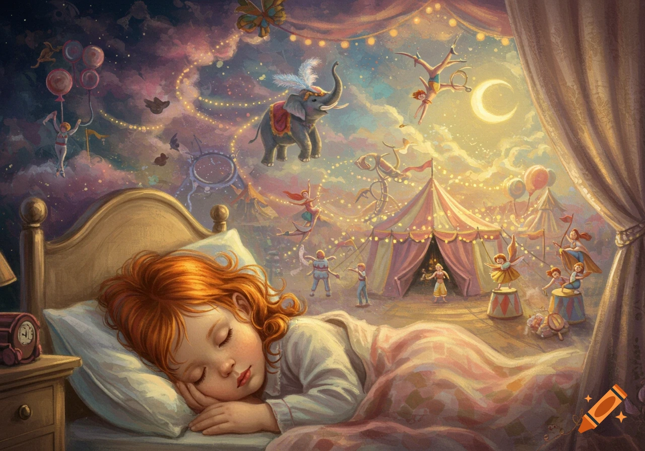 Illustration of a red-haired girl sleeping in bed, dreaming of a magical circus with performers, elephants, and tents under a moonlit sky.