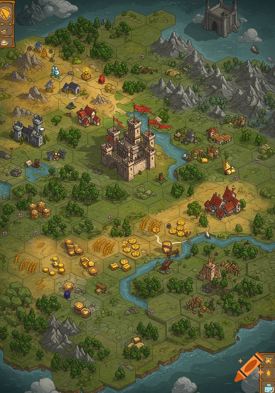 Isometric medieval fantasy board game map with castles, villages, forests, mountains, rivers, and hexagonal tiles.