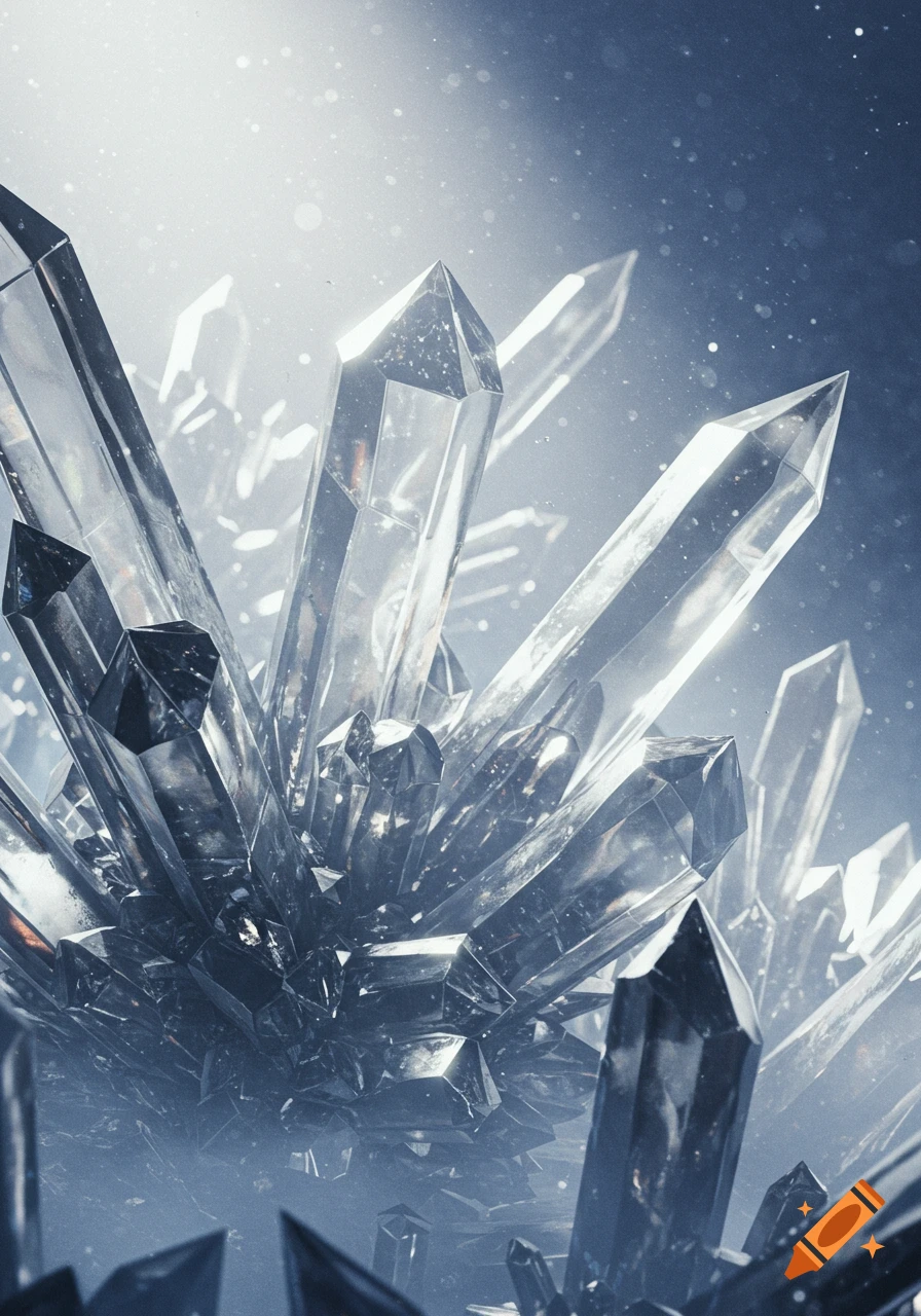 Close-up of a cluster of sharp, clear, faceted crystals glowing against a misty blue background with sparkling particles.