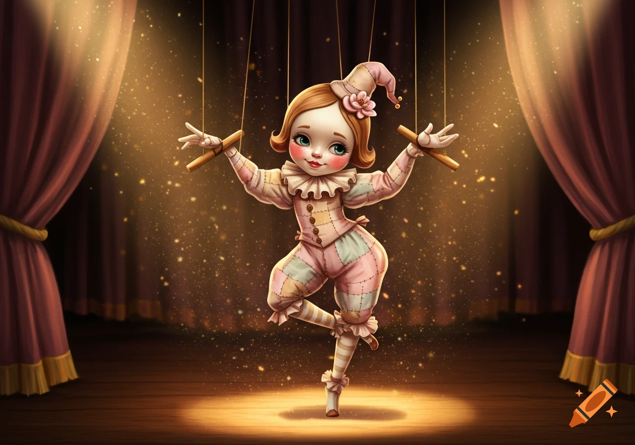 A whimsical marionette doll with rosy cheeks and a patched costume dances on strings under spotlights on a stage.
