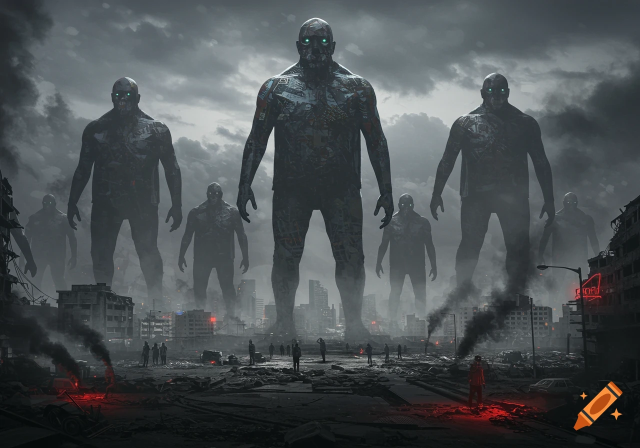 Giant, ominous figures with glowing eyes loom over a destroyed, smoky city under a dark sky, with small humans below.