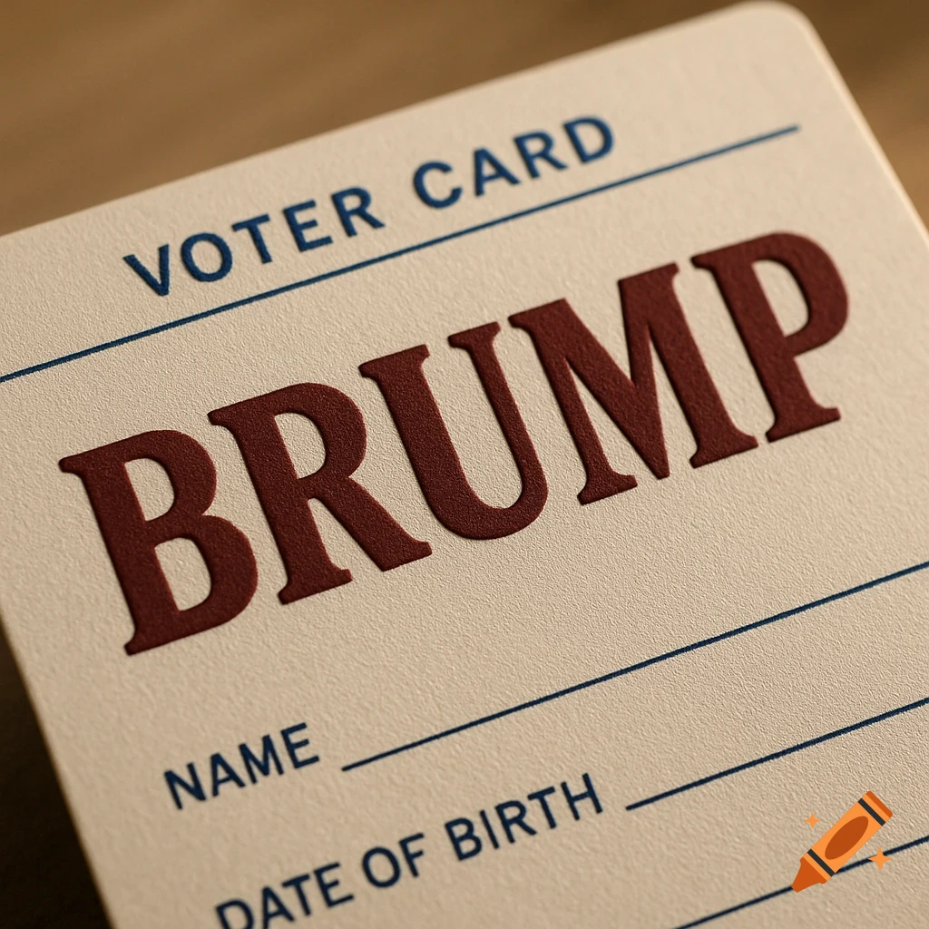 Close-up of a voter card with "VOTER CARD" in blue and "BRUMP" in large red embossed letters. Lines for name and date of birth are visible.