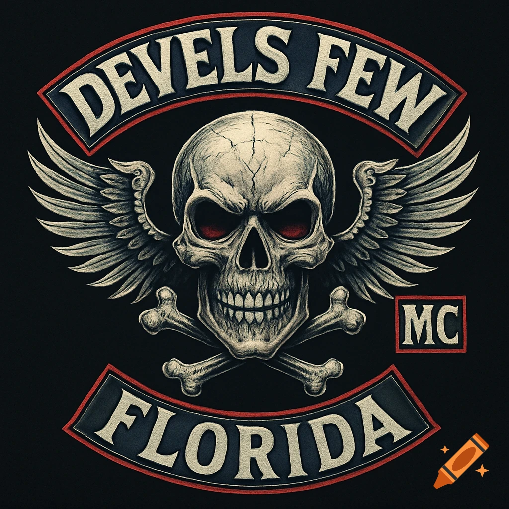 A detailed biker patch logo with a skull, red eyes, wings, and crossed bones, featuring "DEVELS FEW MC FLORIDA" text.