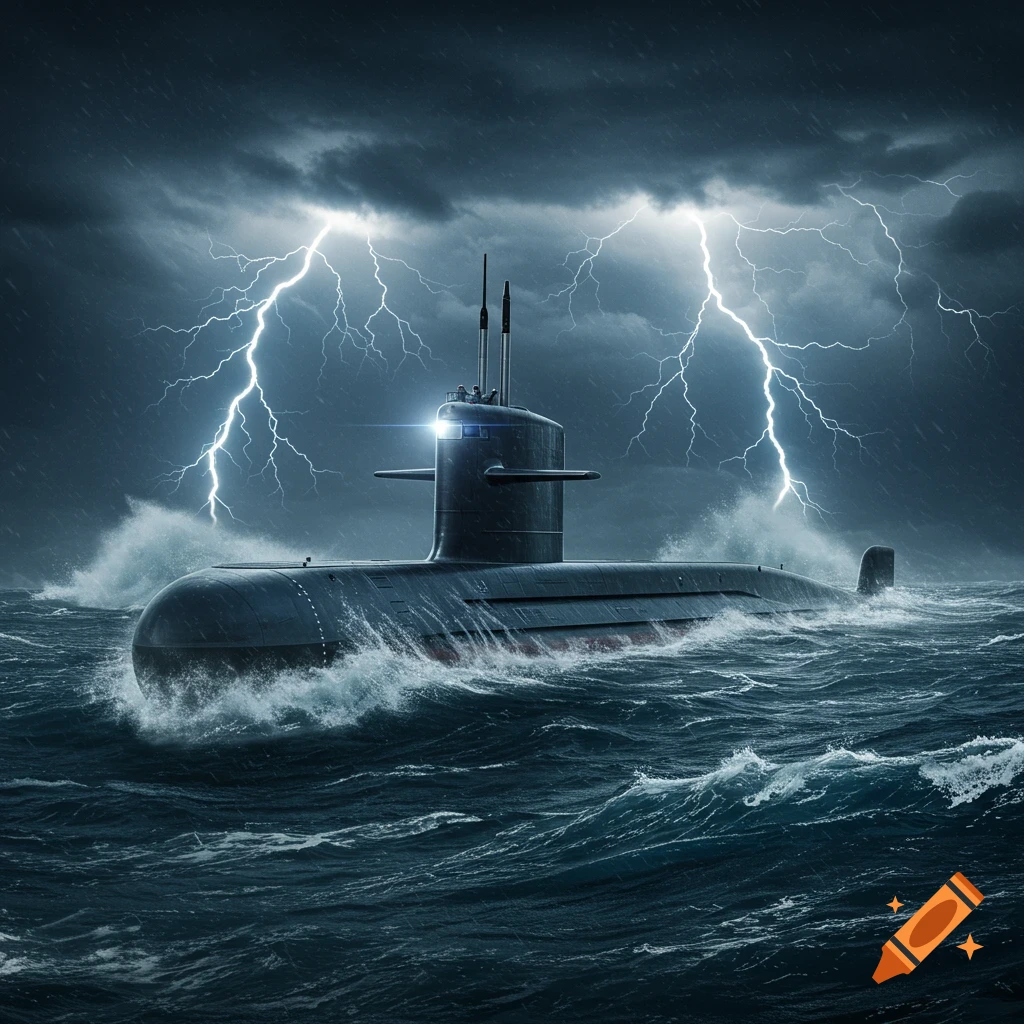 A dark submarine navigates through stormy, crashing waves under a dramatic, lightning-filled sky.