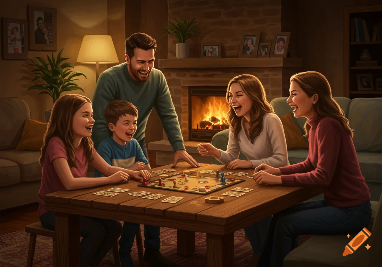 A happy family of five laughing while playing a board game together in a cozy living room with a fireplace.