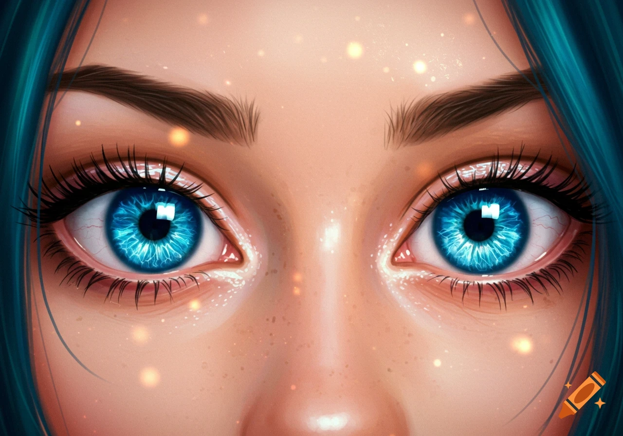 Close-up digital art of a person's face, featuring vivid blue eyes with long lashes, dark eyebrows, and hints of teal hair.