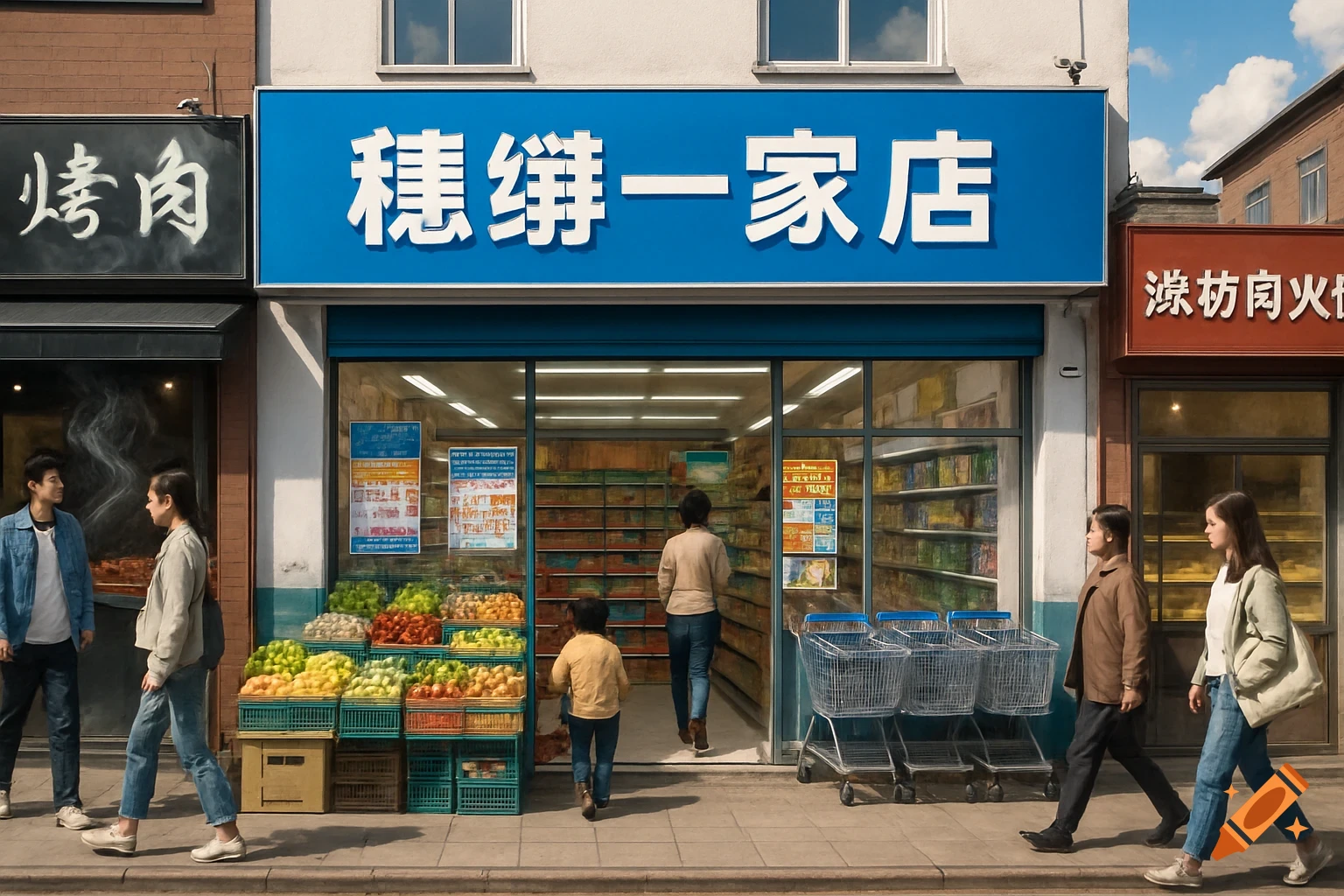 A vibrant street scene showing a supermarket with a blue '穗辫一家店' sign, flanked by a barbecue shop and a Weifang meat fire bakery. Pedestrians walk by under a clear sky.