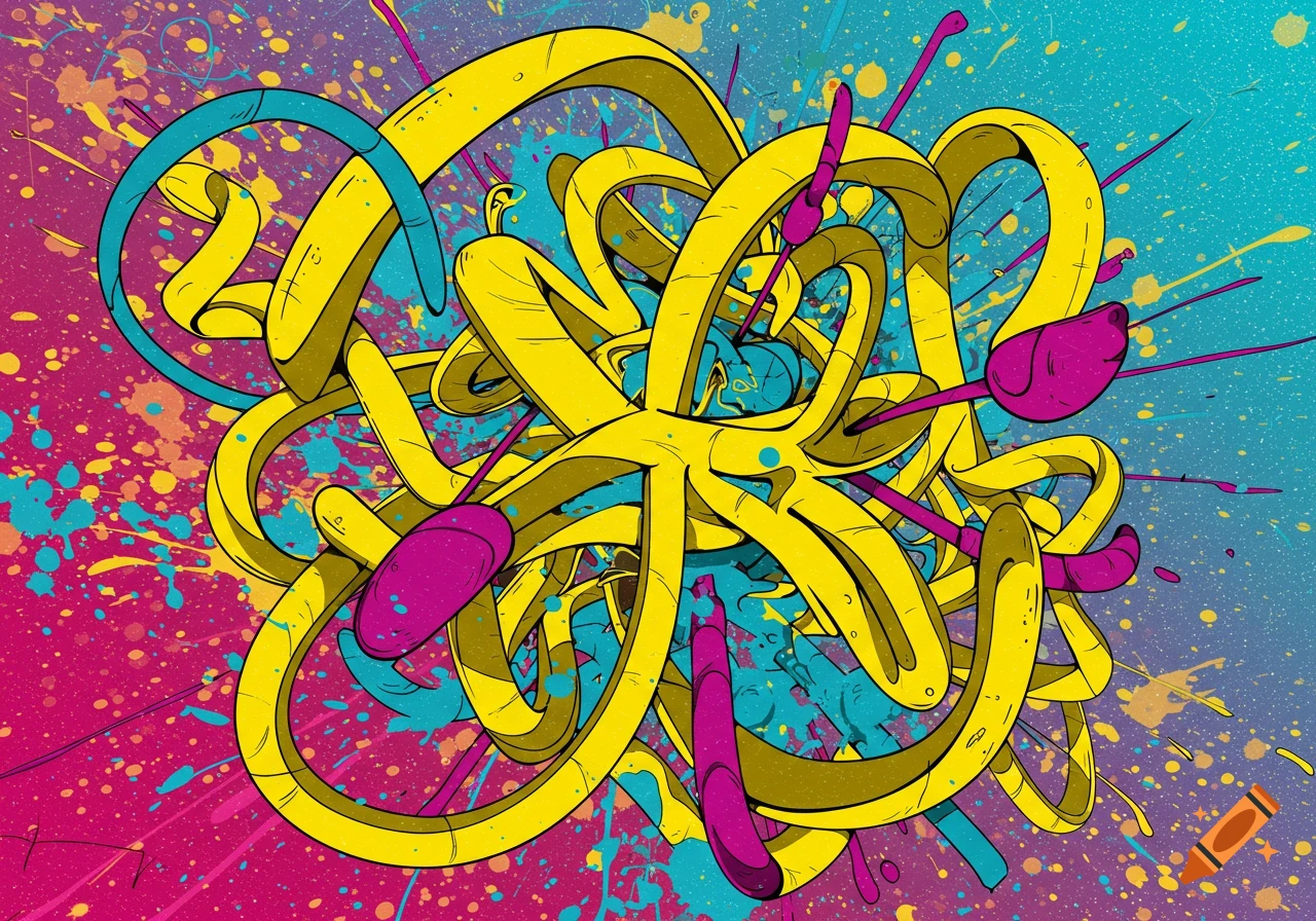 Vibrant abstract graffiti art with tangled yellow and blue lines, fuchsia shapes, and paint splatters on a pink to blue gradient background.