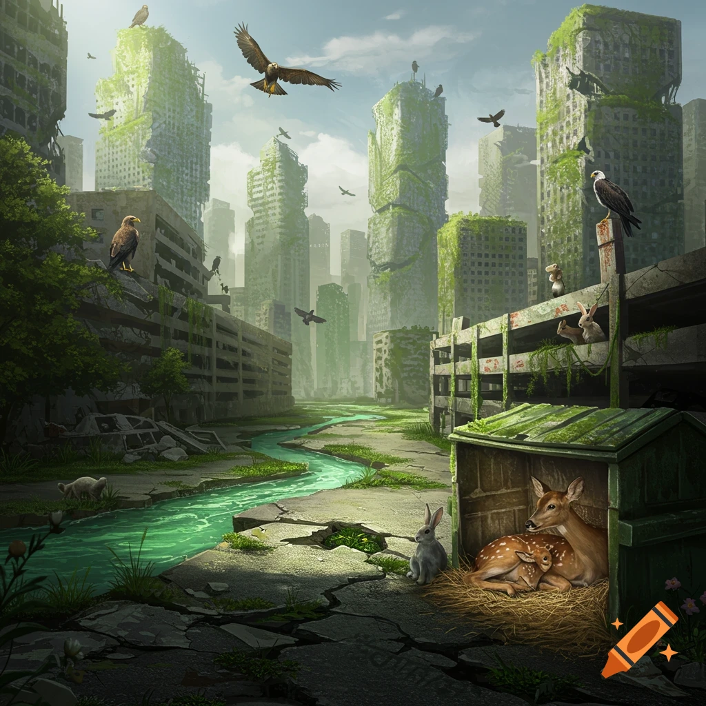 Overgrown city buildings in a post-apocalyptic landscape with a green river, flying eagles, rabbits, and a deer with a fawn.
