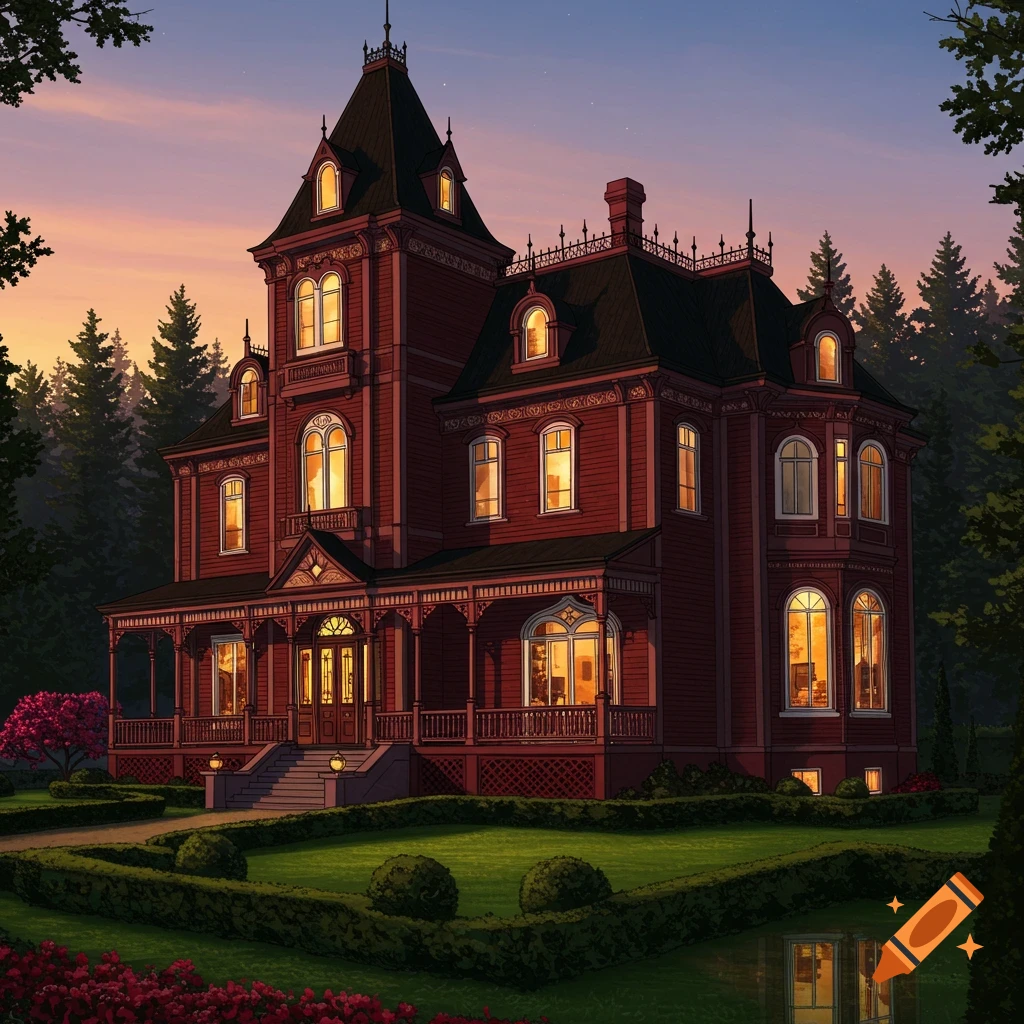 A grand, red Victorian-style mansion with many lit windows stands amidst a manicured garden and pine trees at dusk.