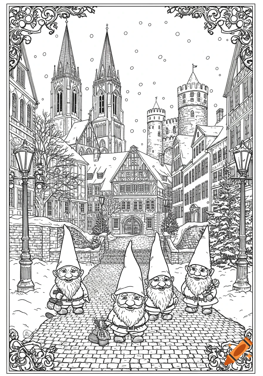 Black and white line art of four gnomes on a snowy cobblestone street in a winter European town with churches and a castle.