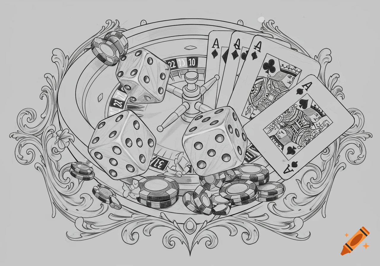 Detailed grayscale line art sketch of gambling items: roulette wheel, dice, playing cards, poker chips, with ornate scrollwork.