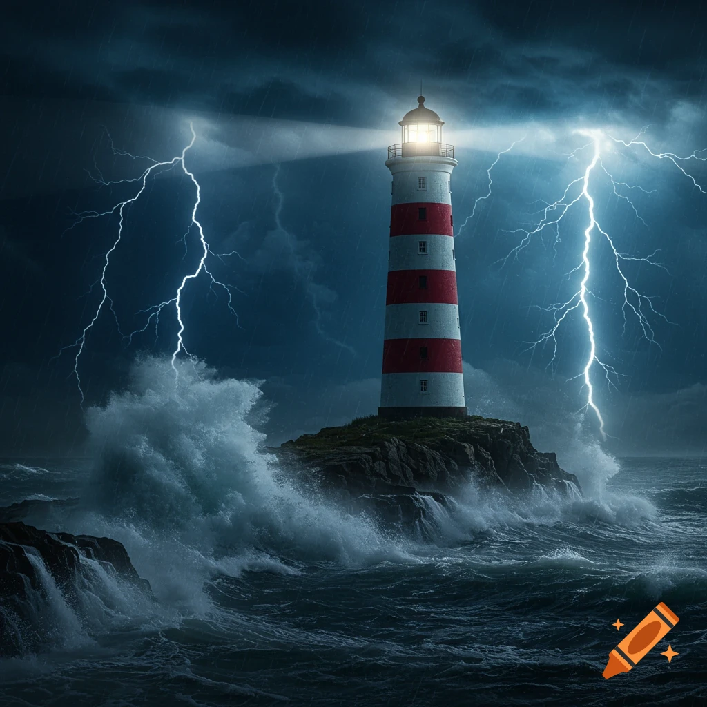 A red and white striped lighthouse stands resilient on a rocky island during a dramatic thunderstorm with huge waves and lightning.