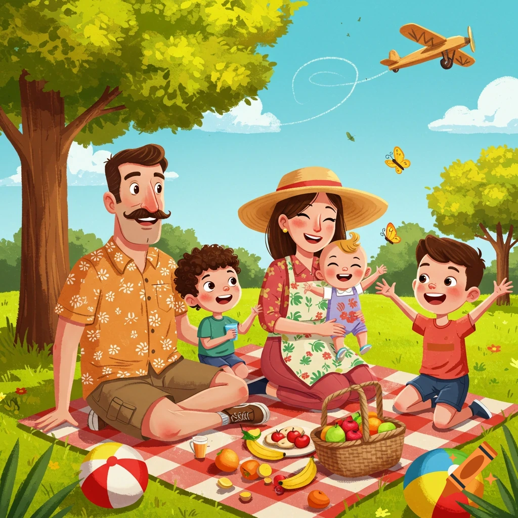 A cartoon family of five, including parents, a baby, and two boys, enjoys a picnic on a checkered blanket under a tree with fruit and beach balls. An airplane and butterflies are in the sky.