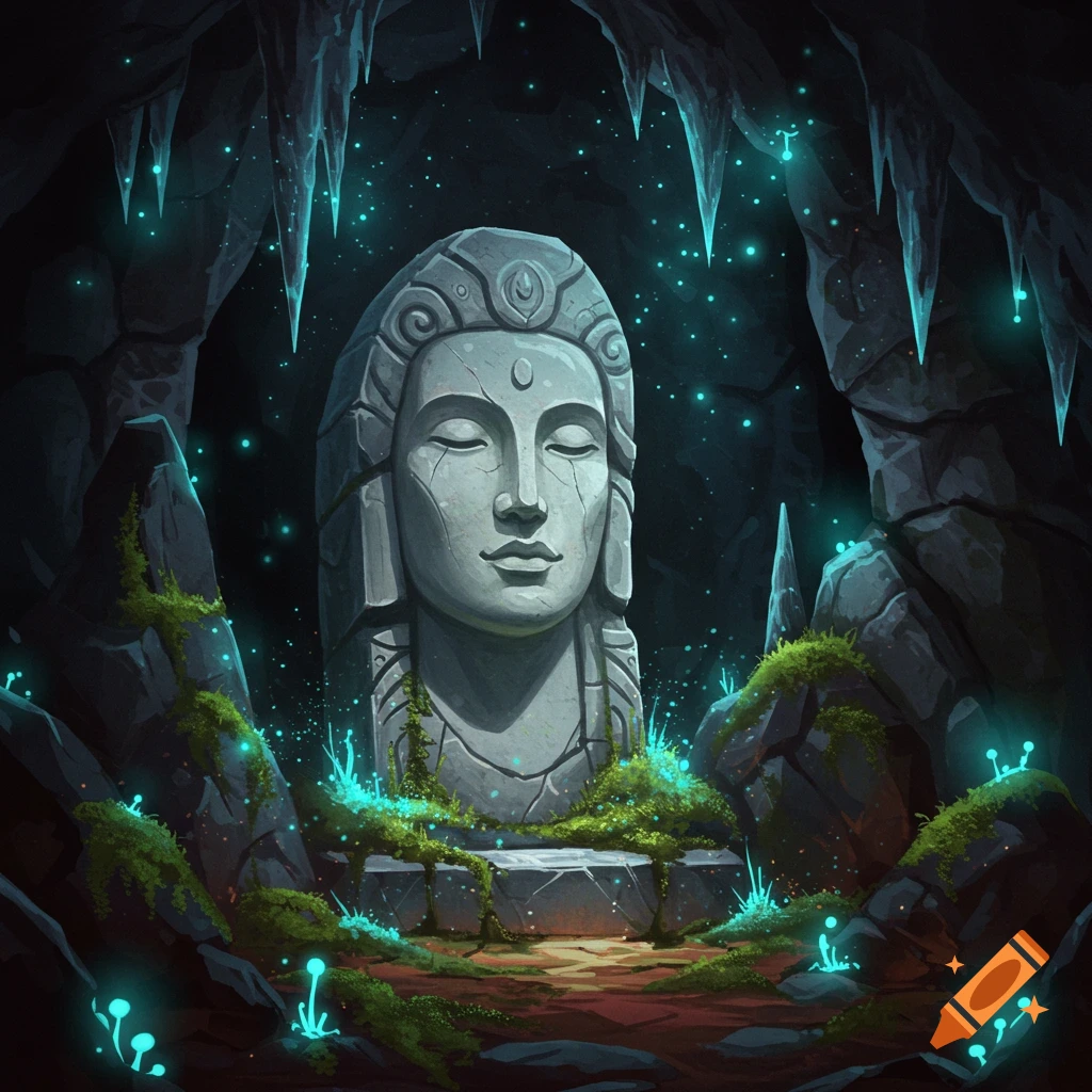 A large stone statue of a serene face with closed eyes stands in a dark, mystical cave illuminated by glowing blue fungi and stalactites.