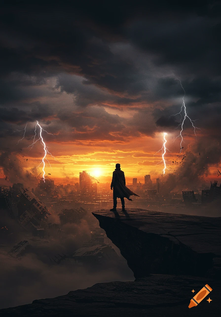 A lone figure stands on a cliff overlooking a devastated city at sunset ...
