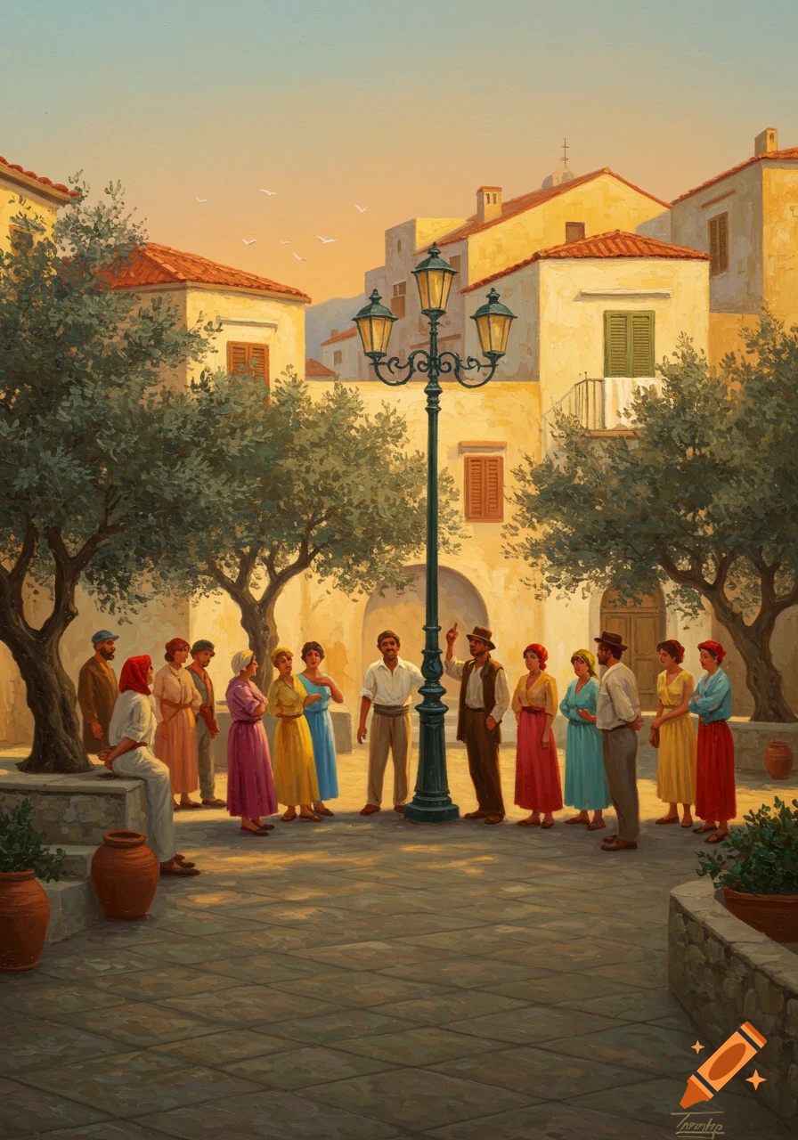An oil painting of a group of people standing in a sunny village square with buildings, olive trees, and a street lamp, one man pointing.