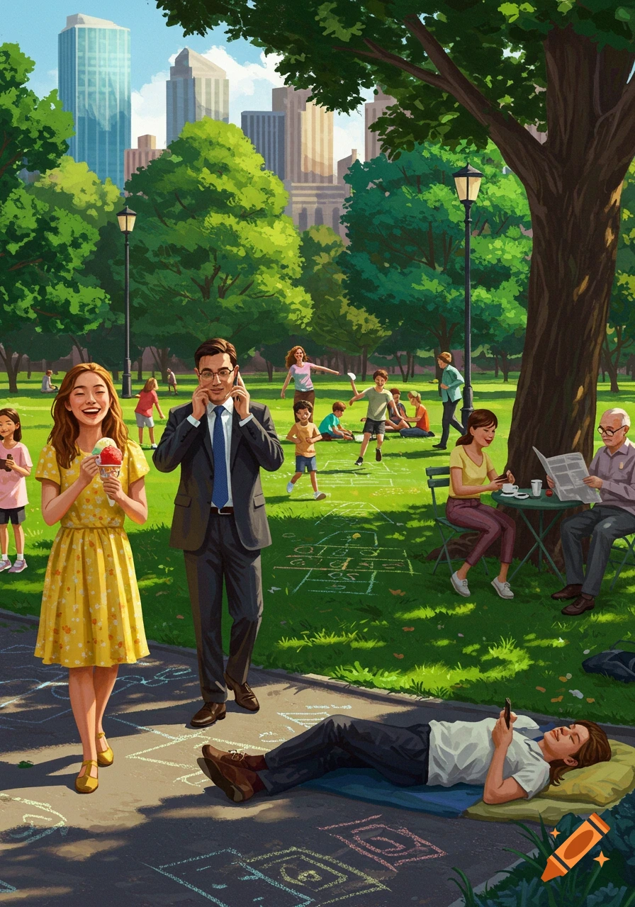 A vibrant illustration of people enjoying a sunny day in a city park, with activities like eating ice cream, playing hopscotch, and relaxing.