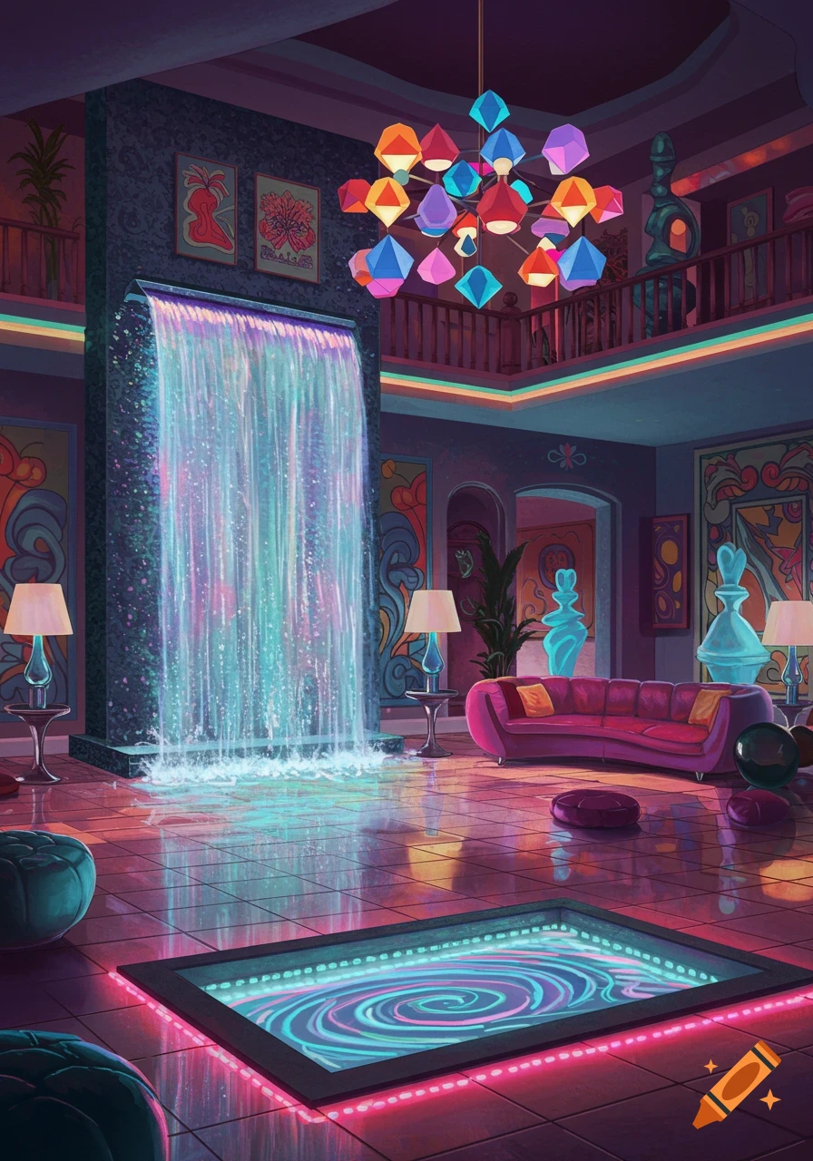 A vibrant, neon-lit mansion interior features a glowing indoor waterfall, a geometric chandelier, a pink couch, and a light-up floor panel.