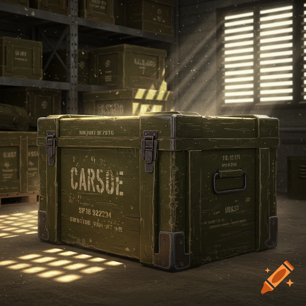 An olive-green military crate sits on the floor of a dimly lit warehouse, with sunlight streaming through a window.