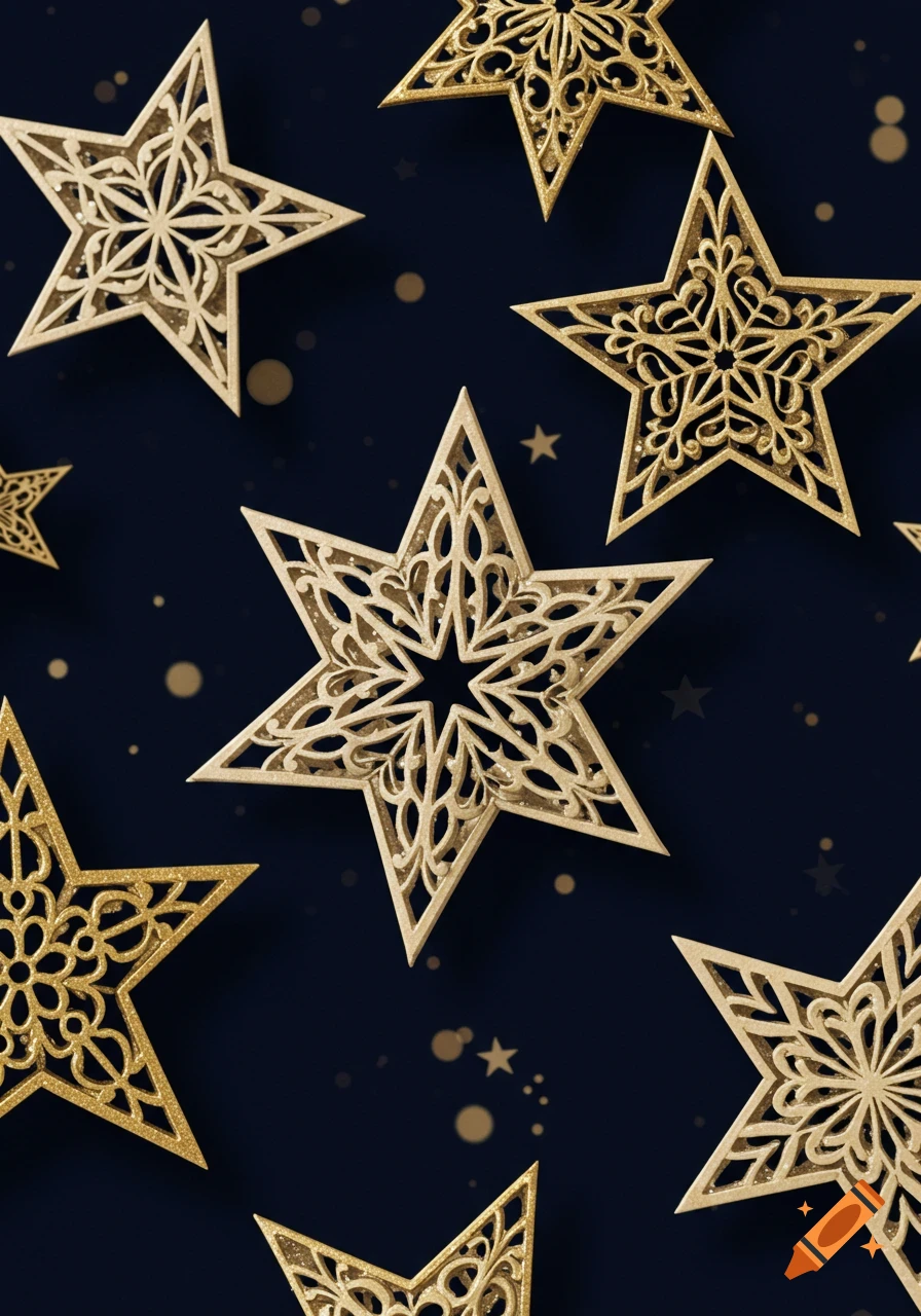 Multiple golden and beige cutout stars with intricate patterns scattered on a dark blue background with small golden dots.