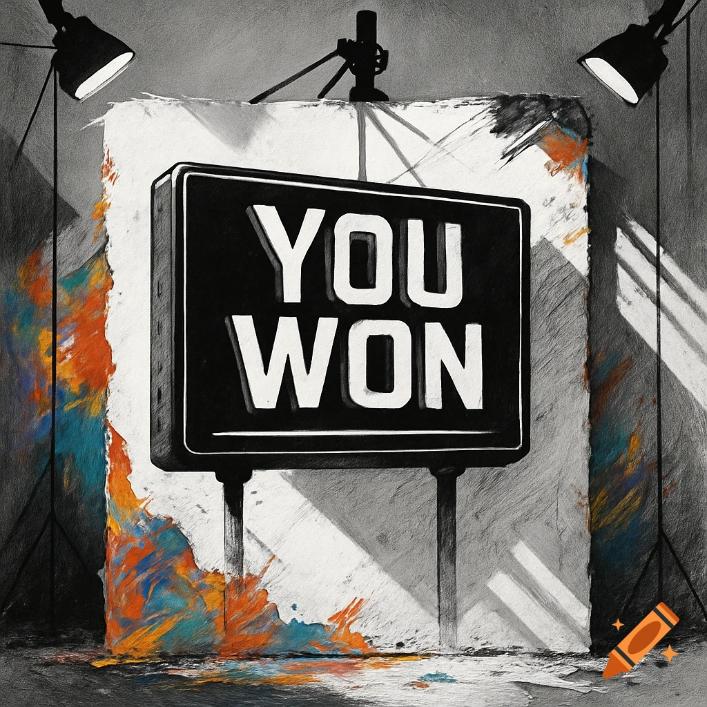 Sketchy art of a black sign with 'YOU WON' in white, illuminated by studio lights, with colorful paint splatters on a textured background.