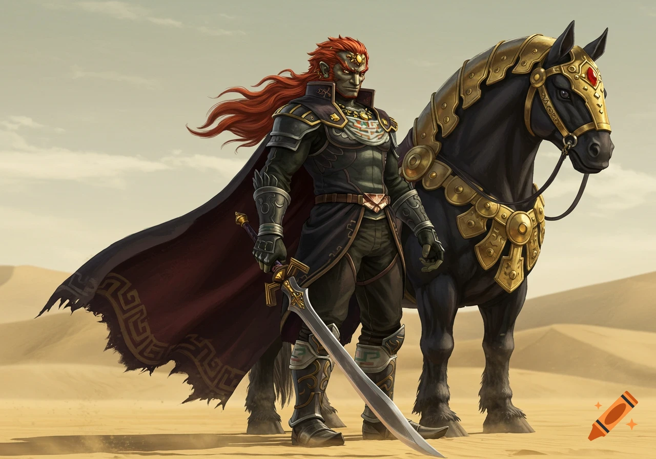 Ganondorf, a fantasy character with long red hair and dark armor, stands in a desert next to his black stallion adorned in golden armor. Cinematic.