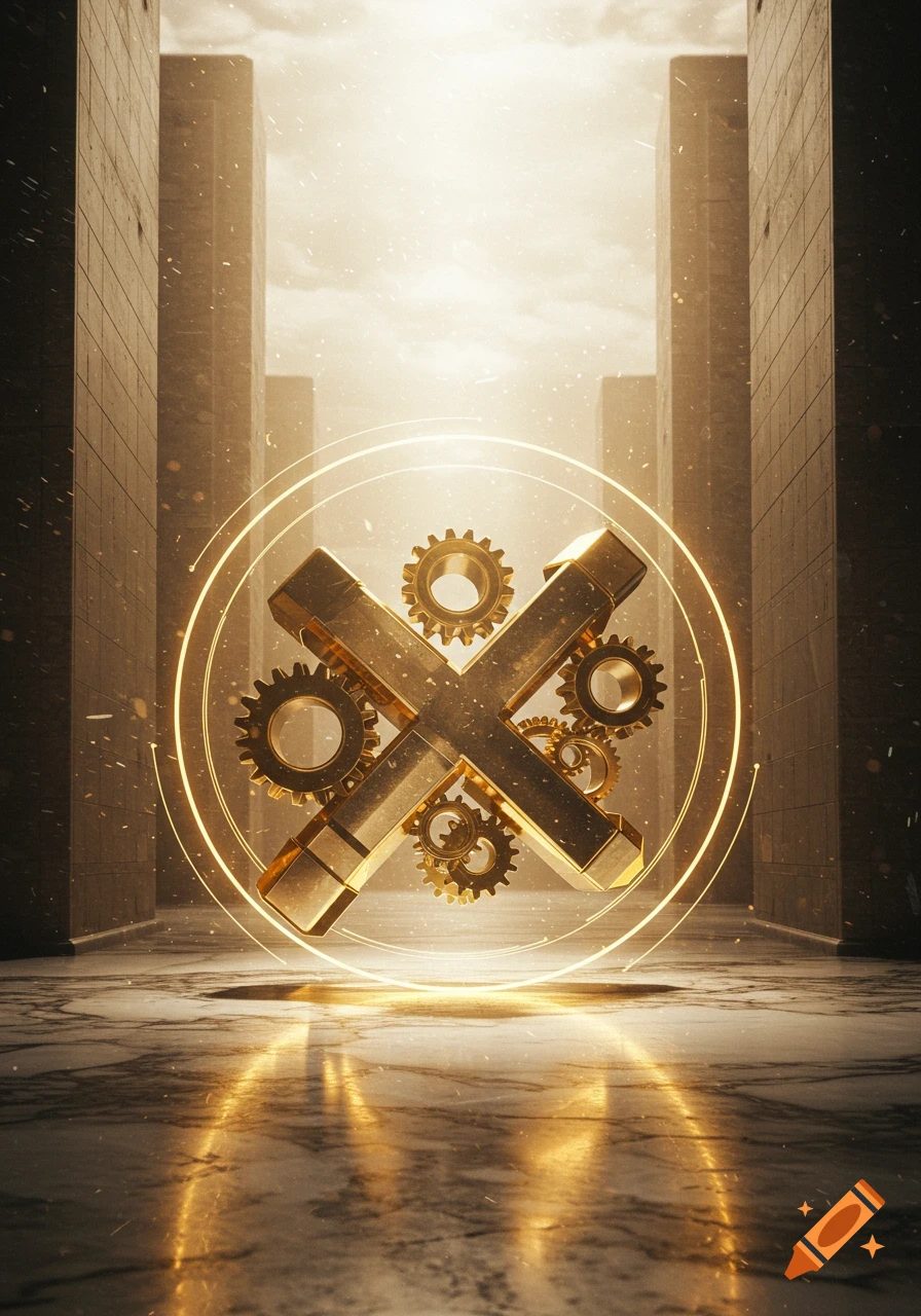 A golden 'X' symbol with gears and glowing light on a marble floor in a stylized city alley with a bright sky, 3D render.
