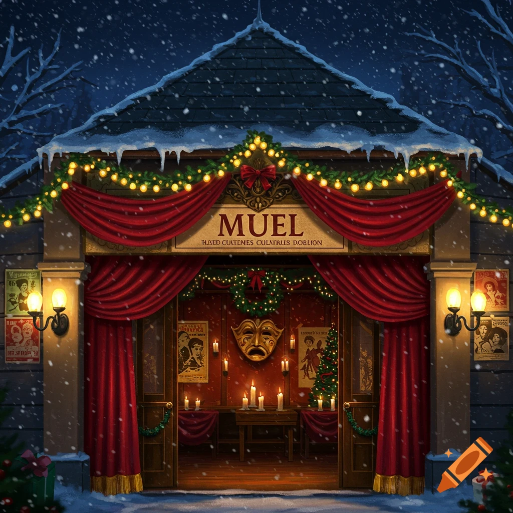 A snowy Christmas night scene of a theater entrance, adorned with red drapes, garlands, and lights, under a sign reading 'MUEL'.