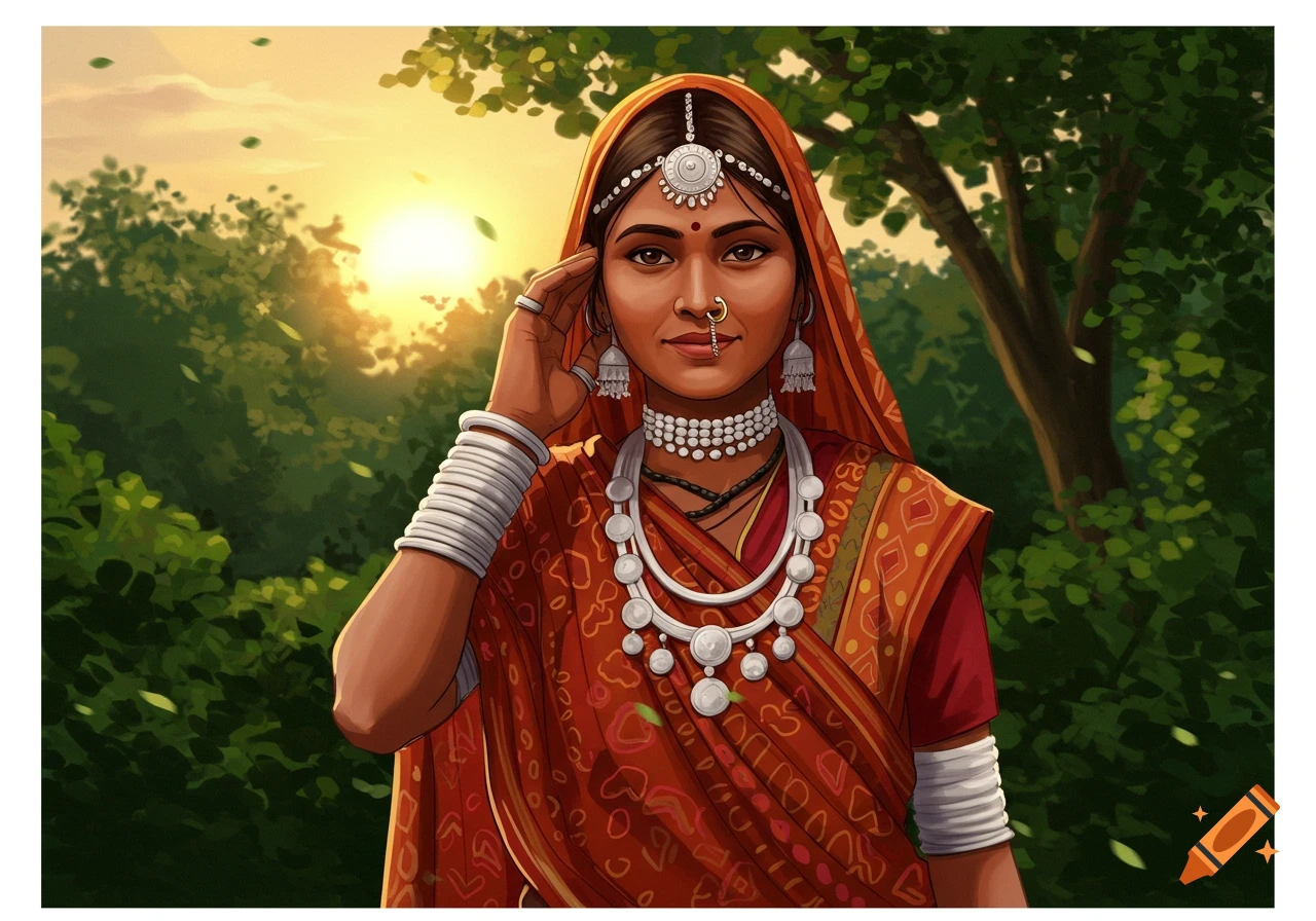 Stylized illustration of an Indian tribal woman in traditional attire and jewelry, looking at the viewer with a sunset and trees in the background.