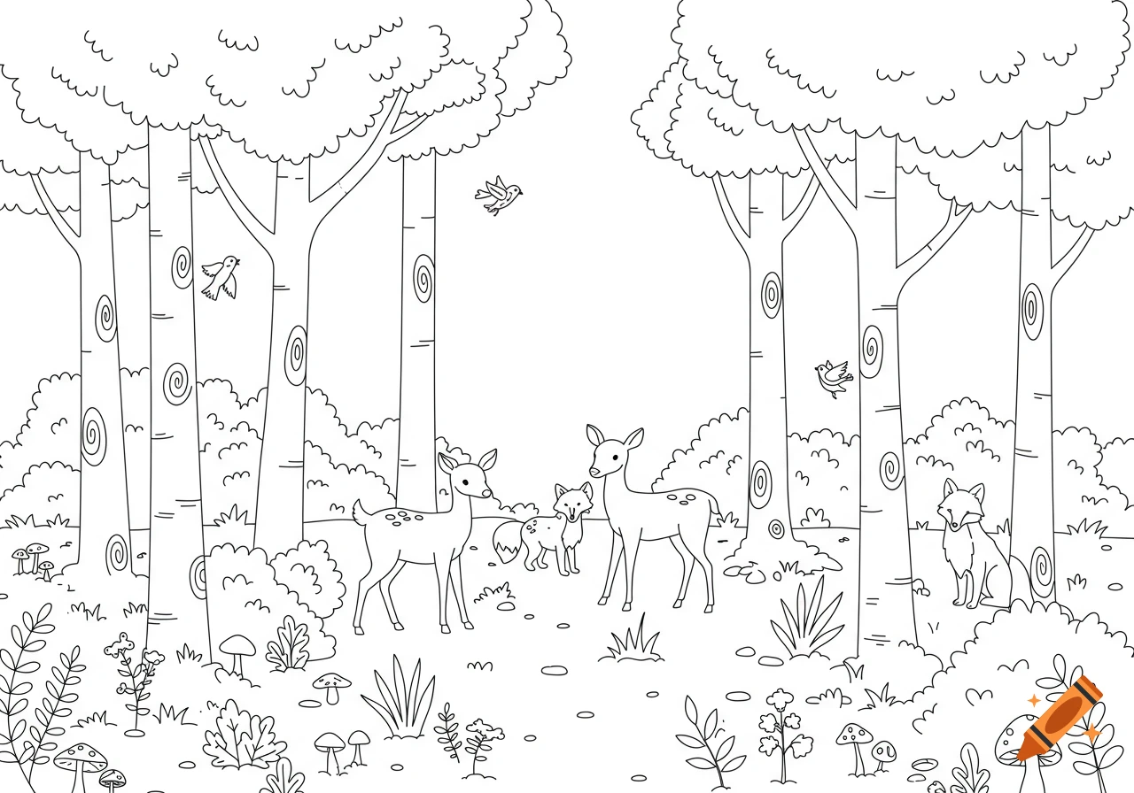 A black and white line art coloring page of a forest with two deer, two ...