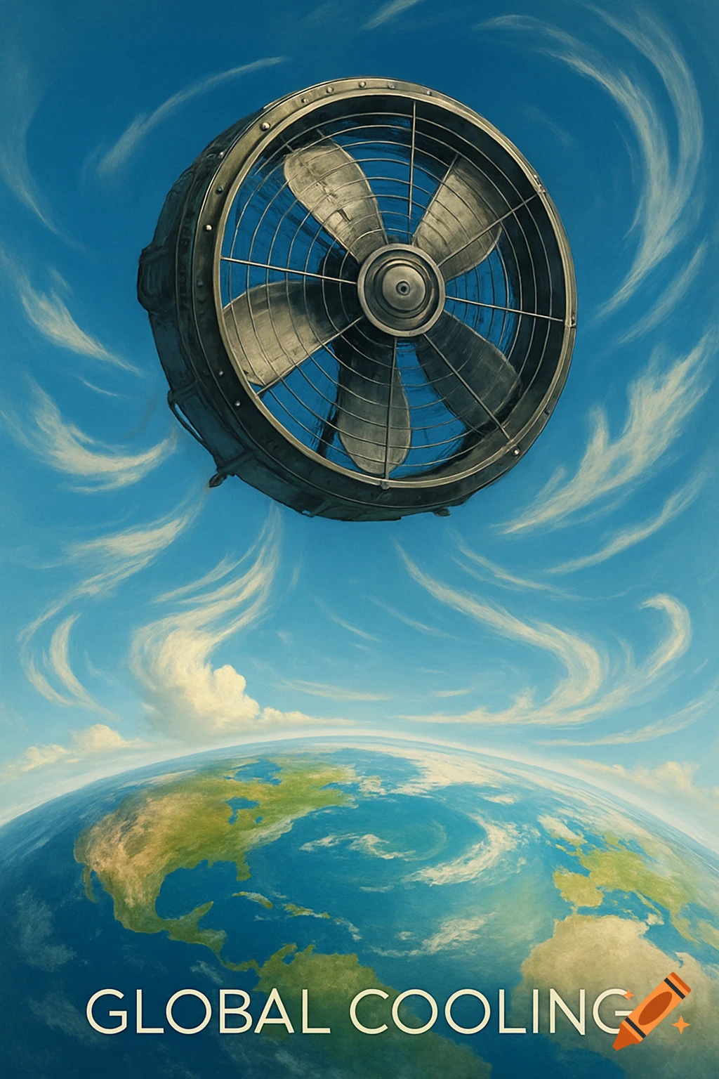 A large industrial fan hovers in a blue sky above Earth with 'GLOBAL COOLING' text, in an illustrative style.