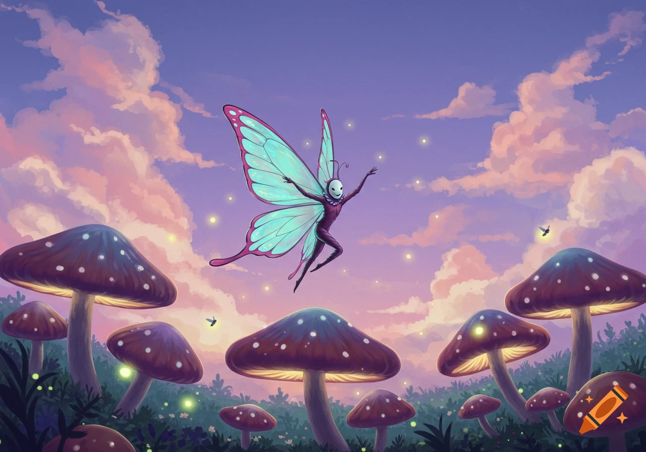 A butterfly-winged creature with a white mask floats above glowing mushrooms in a magical, pastel-colored sky.