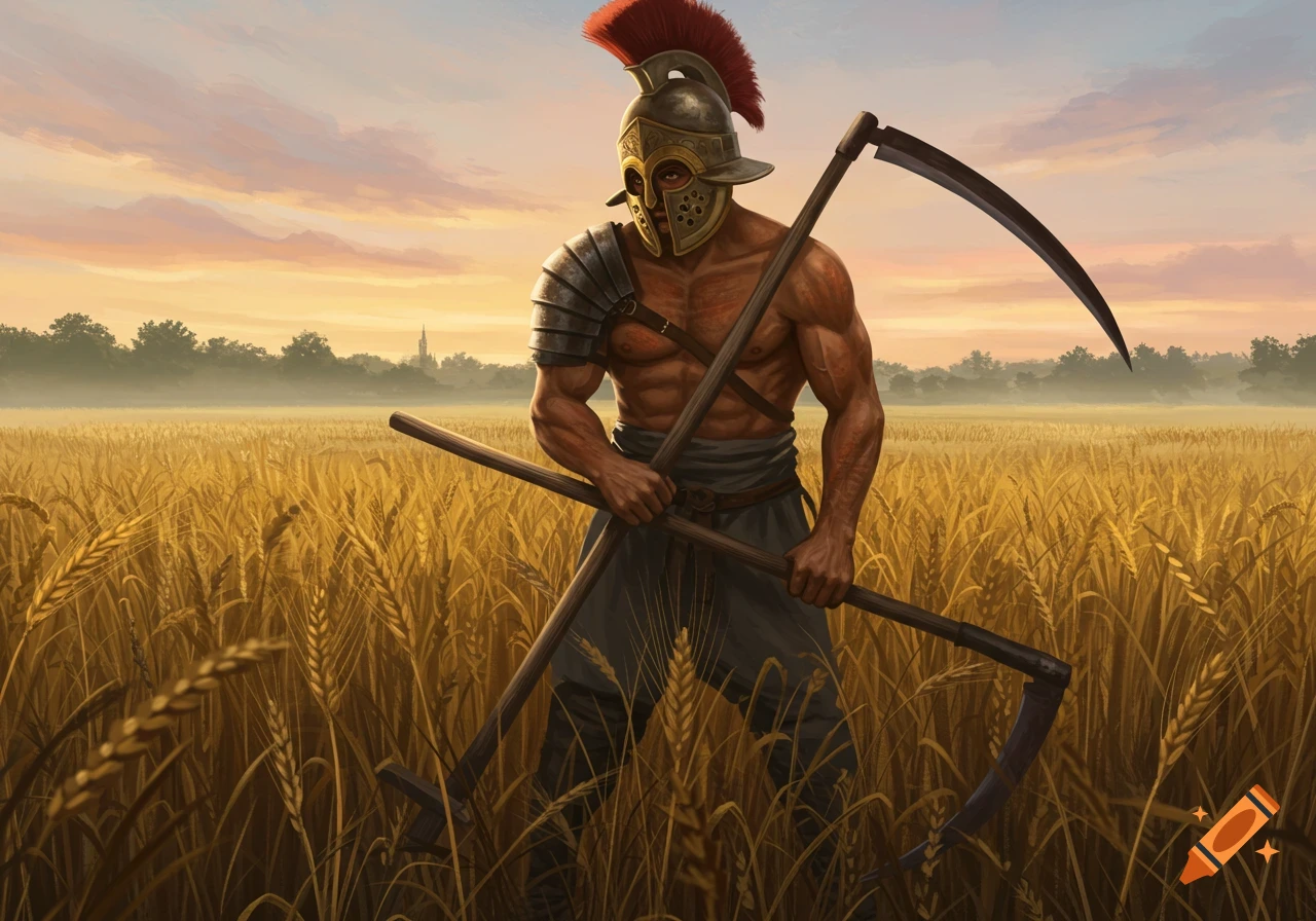 A muscular man wearing a gladiator helmet with a red plume and shoulder armor stands in a golden wheat field, holding two scythes, at sunset.