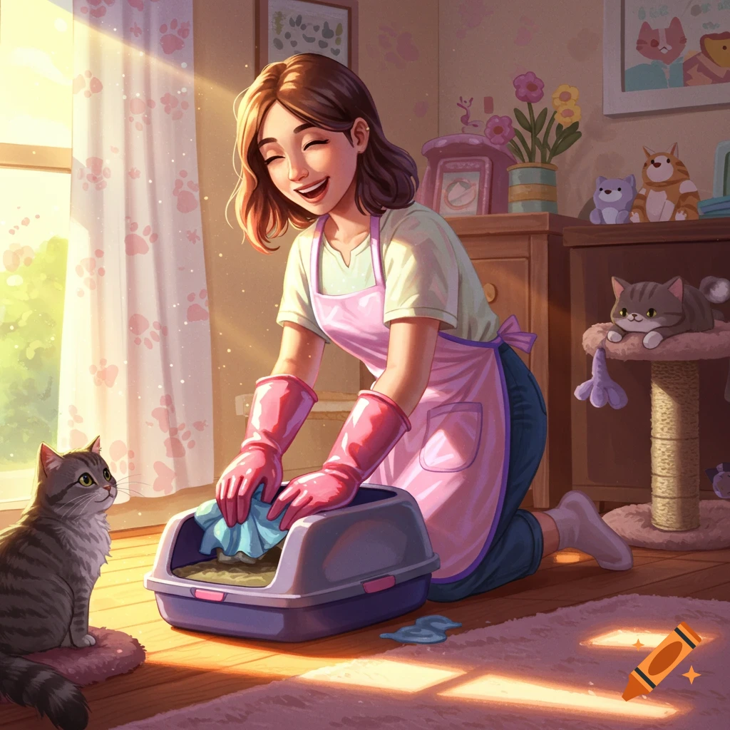 A smiling woman in an apron and pink gloves cleans a cat's litter box, observed by a gray tabby cat in a sunlit room. Illustrated style.
