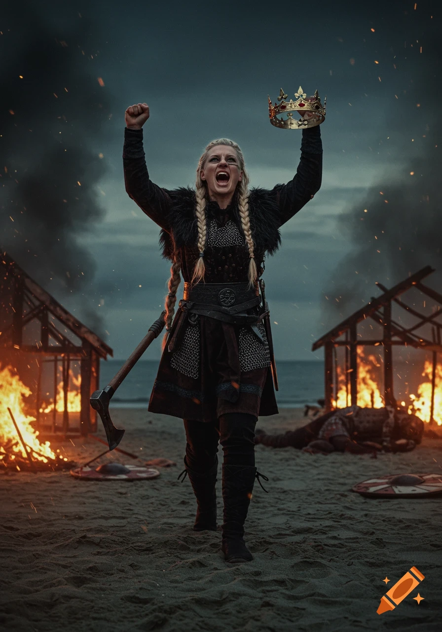 Triumphant blonde Viking woman warrior with raised arms holds a crown on a sandy beach amidst burning huts and a fallen foe.